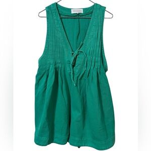 Vervet front tie sleeveless cotton denim romper with pockets in Kelly green